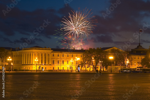 Saint-Petersburg, Russia - May 16, 2006: Fireworks over Main admiralty, General staff of the Navy. Evening view