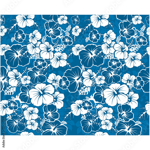 Blue floral seamless Hawaiian background with hibiscus flowers