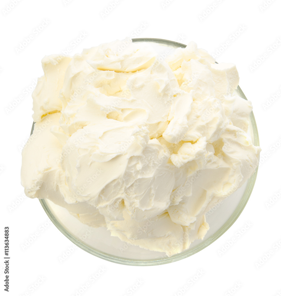 Mascarpone isolated on white background. With clipping path. Top view. Mascarpone isolated on white background. With clipping path. Top view.
