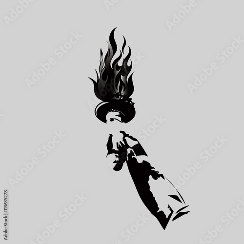 Vector torch in hand with flame. black and white symbol isolated on grey background. Torch relay for opening ceremony, olympic flame. Vector graphic element design clip art illustration