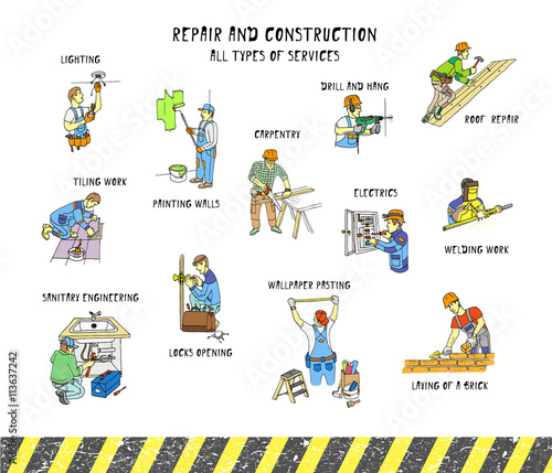 Repair & construction. All types of services. Silhouettes of men at work. Doodle set. Vector. Isolated.