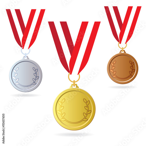 Gold, silver and bronze medals. Medals on ribbon. Vector illustration