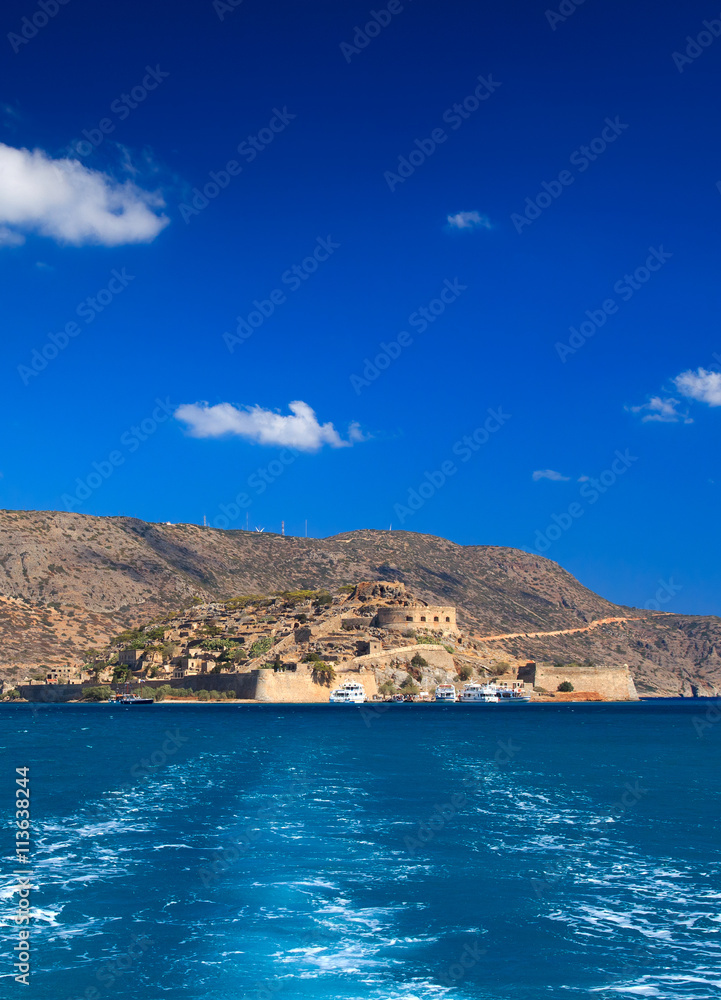 The island-fortress of Spinalonga. Vertical view from the water. Crete, Greece