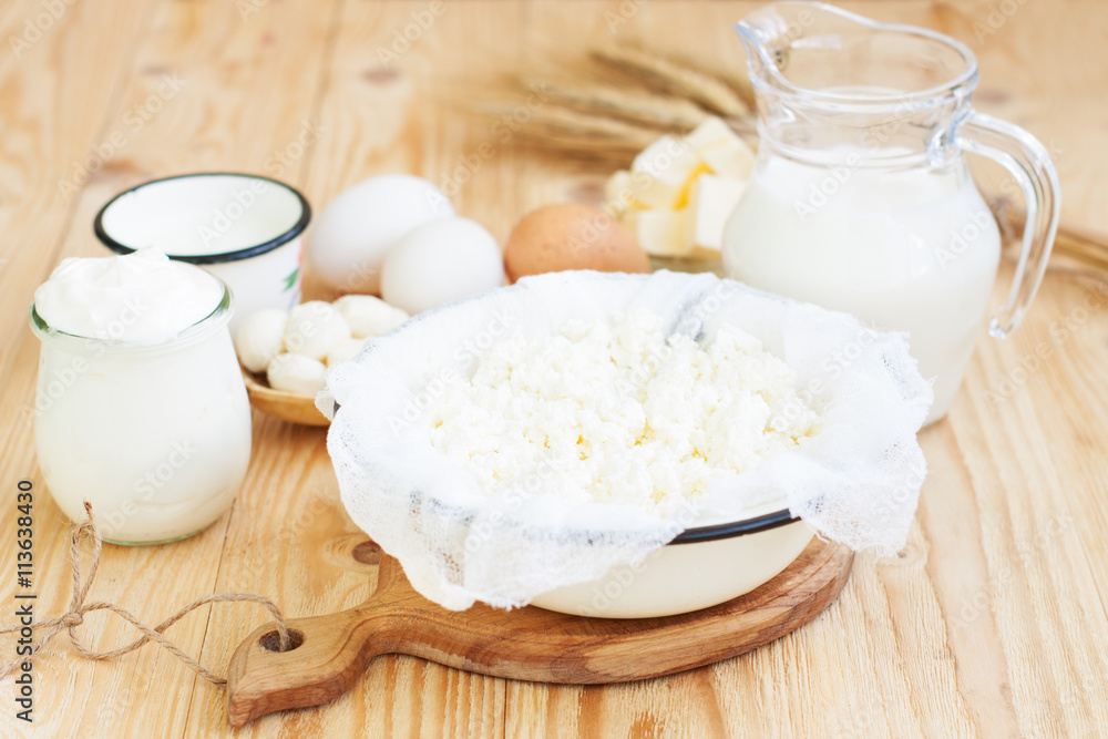 Dairy products on wooden table Dairy products on wooden table