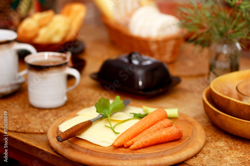 beautiful arrangement of healthy life style vegetarian breakfast on wooden table.