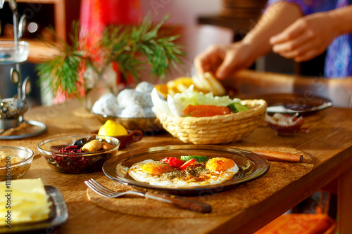 beautiful arrangement of healthy life style vegetarian breakfast on wooden table.