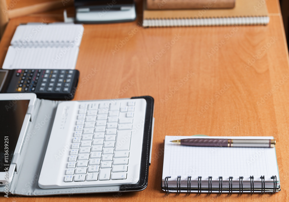 Office desk table with computer, calculator, supplies. Copy space for text Office desk table with computer, calculator, supplies. Copy space for text
