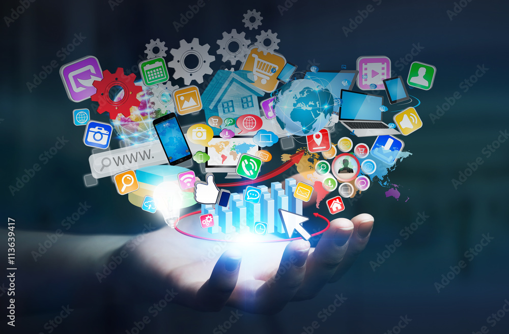 Icons connected to each other over businesswoman hand Icons connected to each other over businesswoman hand