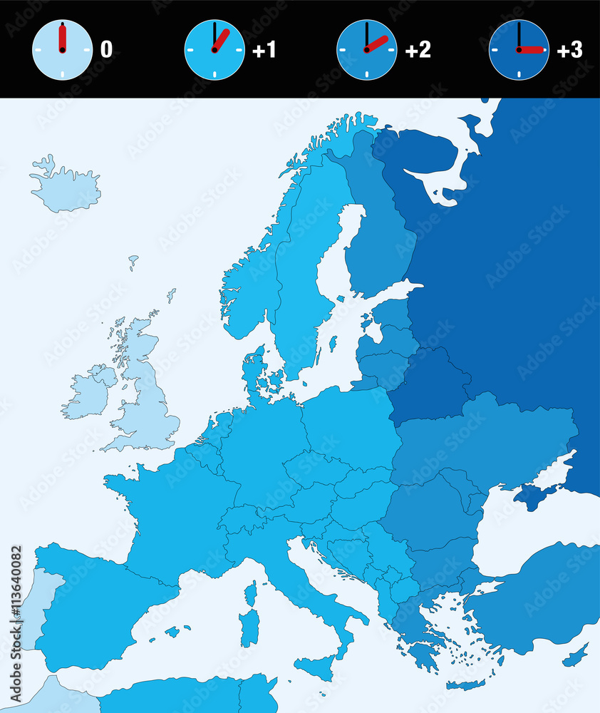 Time zones of Europe, standard time. Four clocks difference in time - in the same colors as the concerned countries. Stock Vector | Adobe Stock
