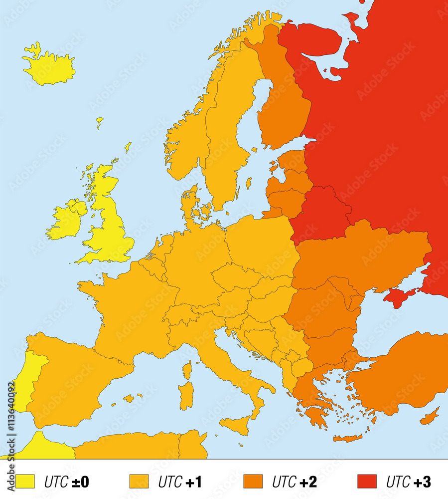 Time zone map of Europe, standard time. Universal Time - UTC, plus added hours in the respective countries. 