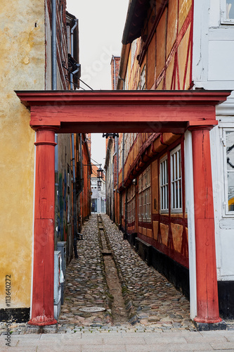 Entrance port to a narrow alley paved with cobblestones, with an open gutter, in the medieval quarter of Elsinore. photo