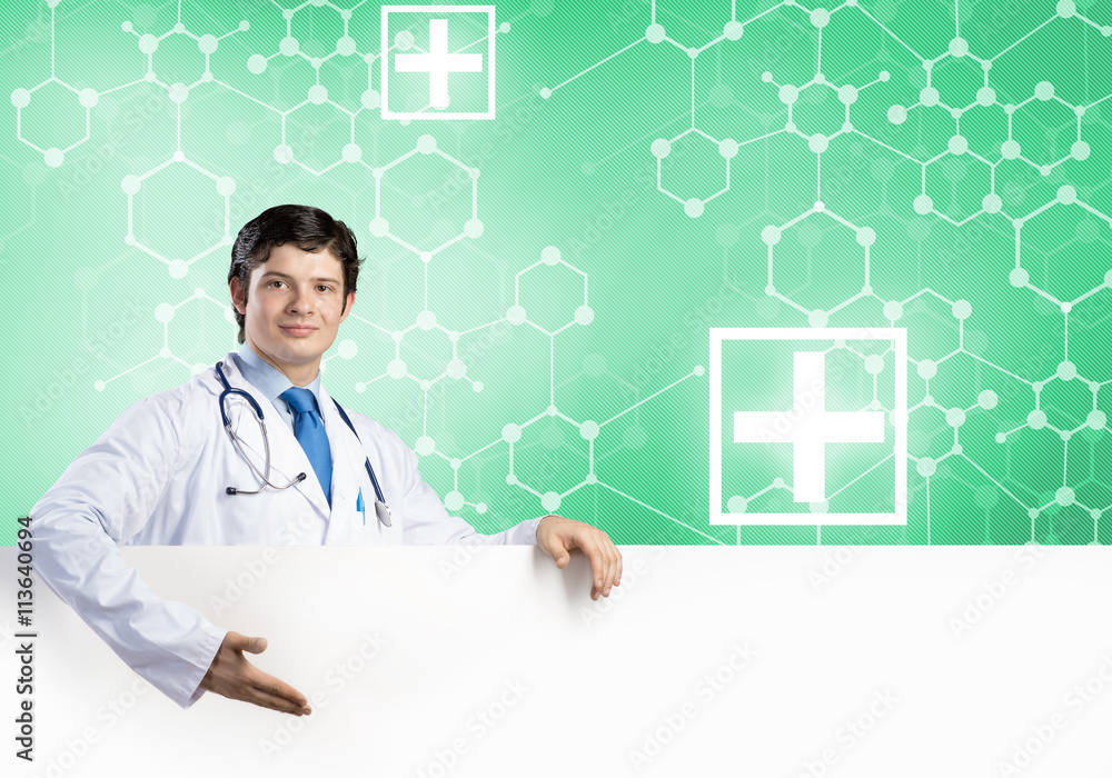Doctor with banner Doctor with banner