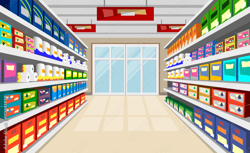 Shelves With Goods Vector Background. Supermarket shelves perspective with door at the end of corridor