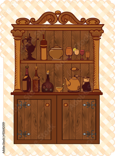 Vintage Cupboard with crockery and bottles