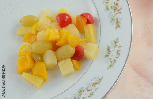 Canned Fruit cocktail salad on plate