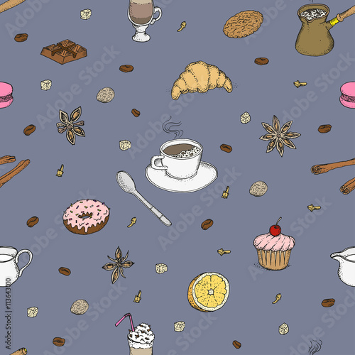 All about coffee. Coffeeshop. Coffee mill, cezve, coffee mashine, instant coffee. Desserts for coffee. Flavoring. Seamless pattern. Isolated