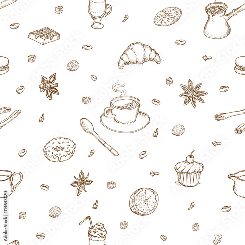 All about coffee. Coffeeshop. Coffee mill, cezve, coffee mashine, instant coffee. Desserts for coffee. Flavoring. Seamless pattern. Isolated