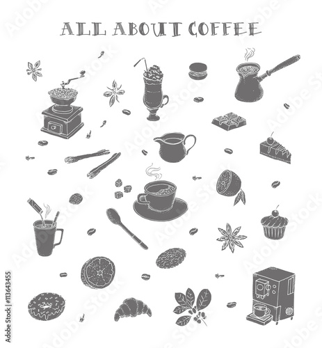 All about coffee. Coffeeshop. Coffee mill, cezve, coffee mashine, instant coffee. Methods making coffee. Desserts for coffee. Flavoring. Doodle set. Isolated