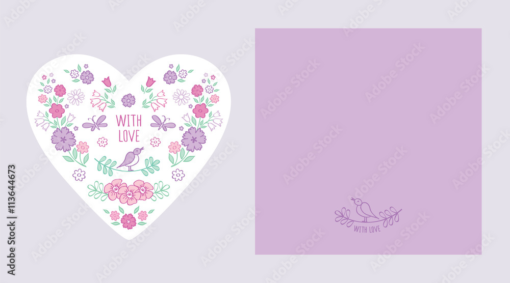 Vintage Greeting card in the shape of the heart with envelope. Congratulations with Valentine's Day, Mother's Day, Women's Day, birthday, wedding. Hand drawn decorative floral elements. Vector.