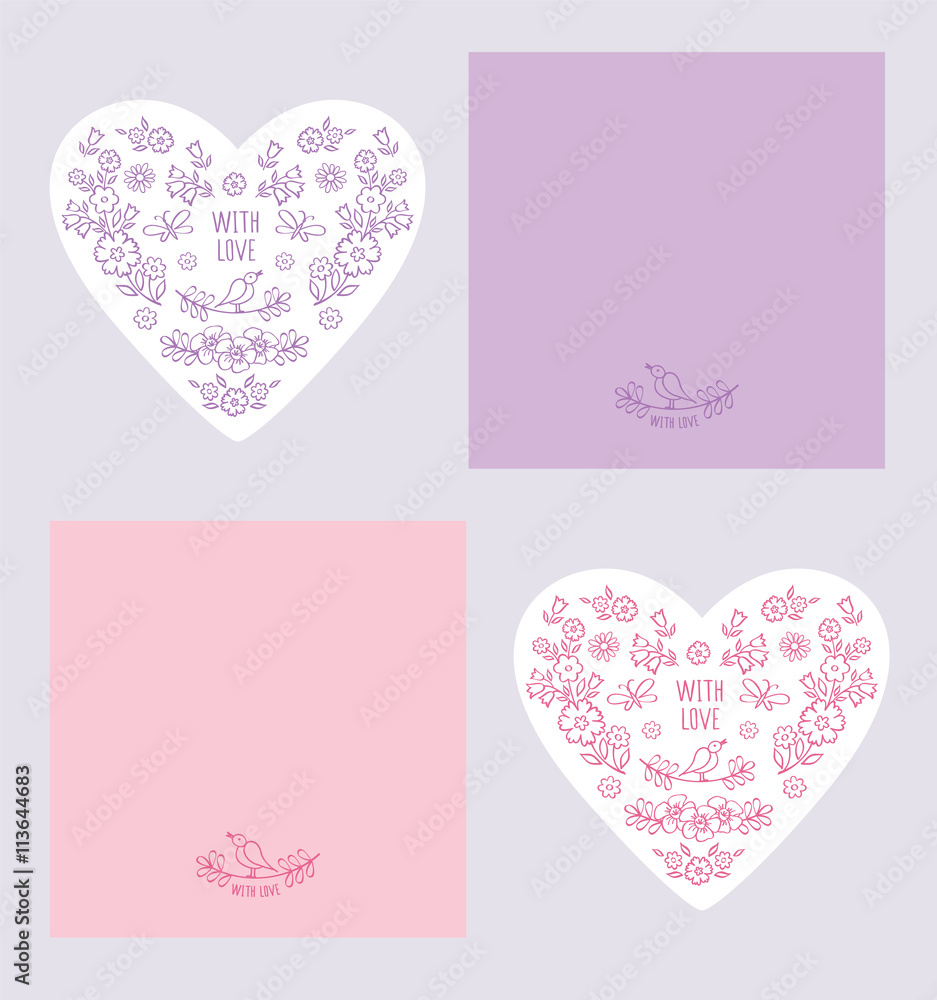 Vintage Greeting cards with Valentine's Day, Mother's Day, Women's Day, birthday, wedding. Hearts composed of summer line art flowers with envelopes. Hand drawn decorative floral elements. Vector.