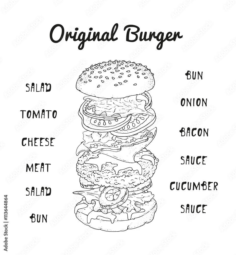 Original burger. Recipe for a good burger. Ingredients. Restaurant