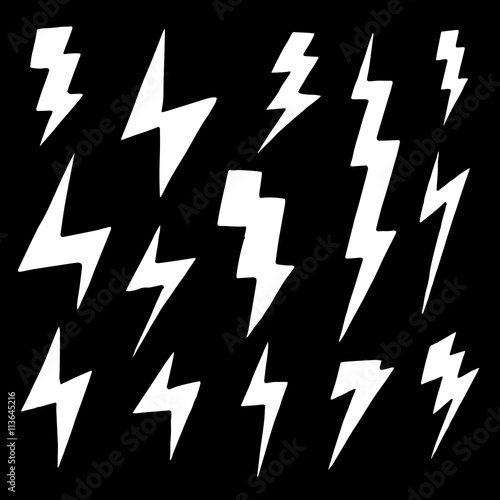 Set of doodle simple lightning, group of hand drawn objects on black background
