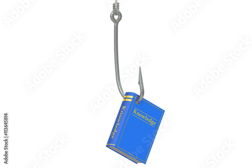 Canvas Print Fishing hook with book, knowledge concept, 3D rendering