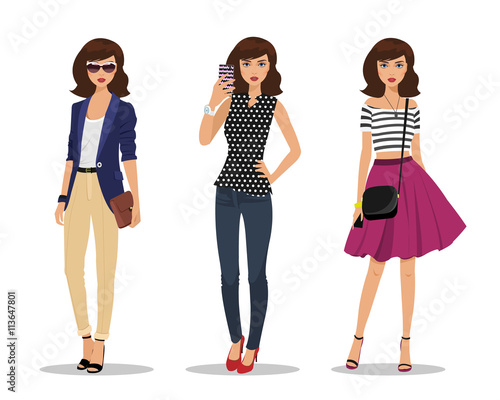 Beautiful young women in fashion clothes. Detailed women characters with accessories. Businesswoman with bag, young girl making selfie and romantic style girl. Flat style vector illustration.