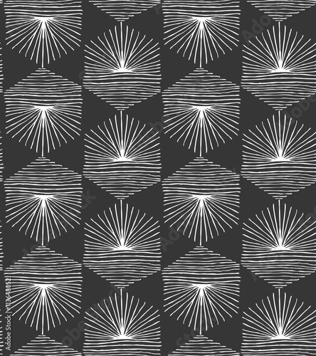 White hatched hexagons on black