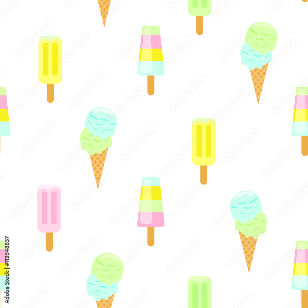 Ice cream vector seamless pattern. Summer ice dessert collection. Waffle cone, popsicle and sundae flat style icon background for wrap and textile. Ice cream vector seamless pattern. Summer ice dessert collection. Waffle cone, popsicle and sundae flat style icon background for wrap and textile.