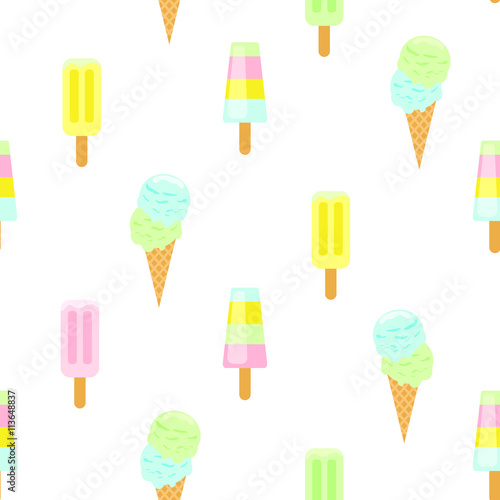Ice cream vector seamless pattern. Summer ice dessert collection. Waffle cone, popsicle and sundae flat style icon background for wrap and textile.