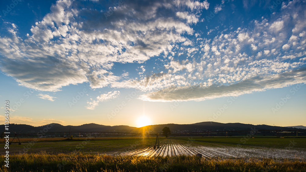 Landscape of cultivated fields and farms with mountain range in the background. Irrigation system for industrial agriculture. Backlight with scenic sky at sunset.