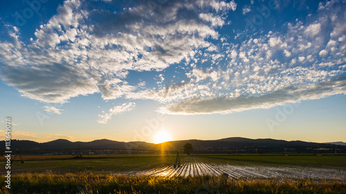 Landscape of cultivated fields and farms with mountain range in the background. Irrigation system for industrial agriculture. Backlight with scenic sky at sunset.