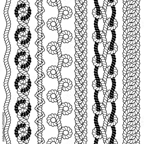 Set of black and white vector seamless borders with ropes