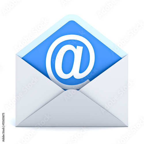 White at sign mail in envelope E mail concept isolated on white background 3D rendering
