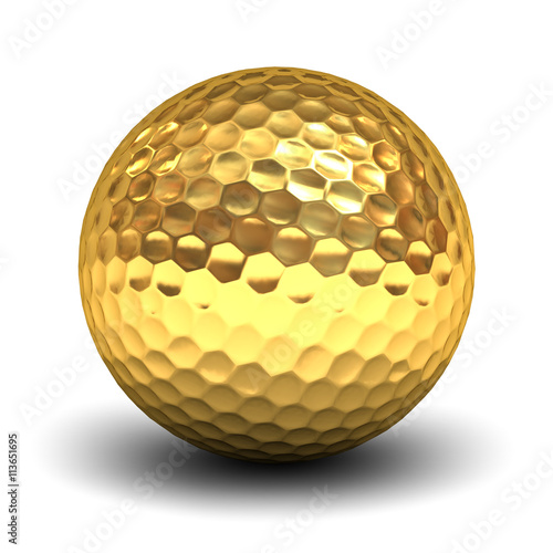 Gold golf ball isolated over white background with reflection and shadow 3D rendering