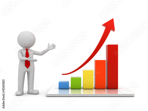 3d man standing and presenting growth business graph with red rising arrow concept isolated over white background with reflection 3D rendering © masterzphotofo