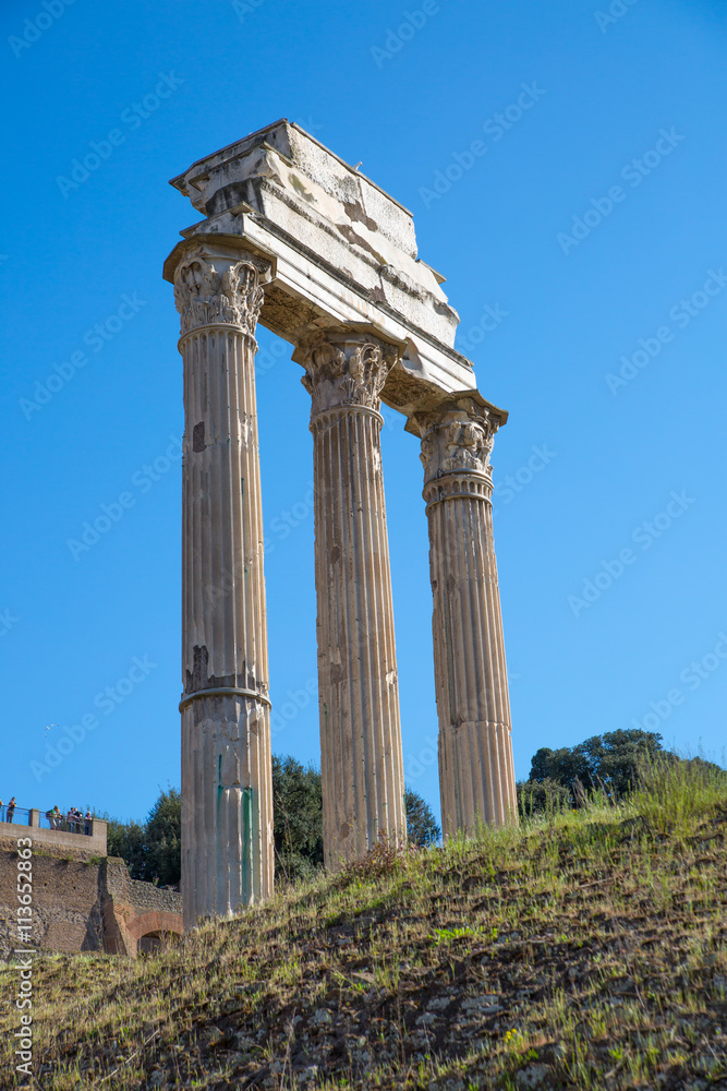 ROME, ITALY - APRIL 8, 2016: Temple of Castor and Pollux  Roman's forum with ruins of important ancient government buildings started 7th century BC 