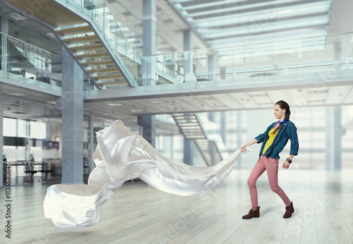 Woman pull white fabric . 3D render