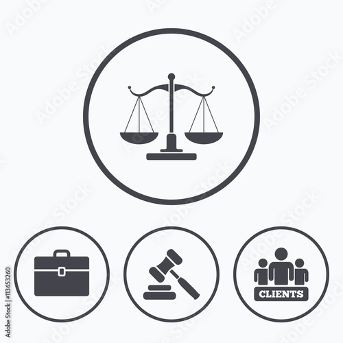 Scales of Justice icon. Auction hammer and case.