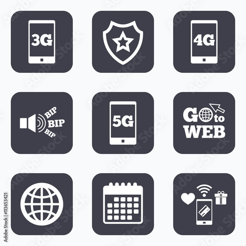 Mobile telecommunications icons. 3G, 4G and 5G.