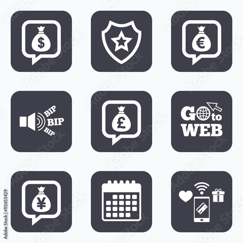 Money bag icons. Dollar, Euro, Pound and Yen.