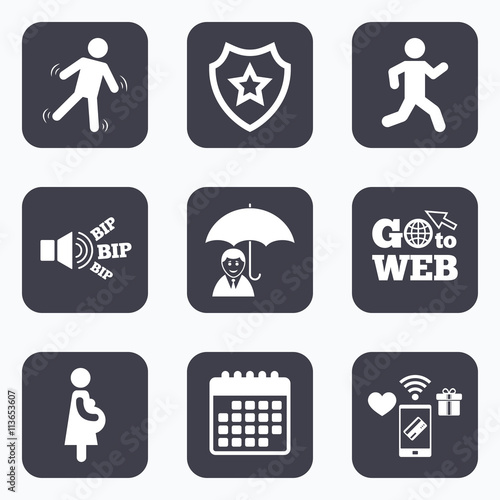 Businessman with umbrella. Human running symbol.