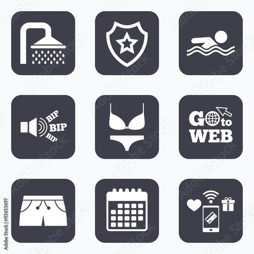 Swimming pool icons. Shower and swimwear signs.