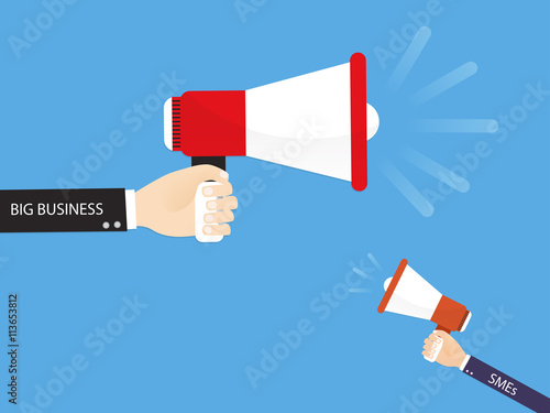 battle between big and small and medium enterprises. voices in support of priority investing getting louder. concept of business competition. market power