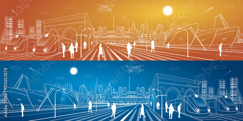 Cargo port panorama, train on the railway station, people walking on square, industrial and transport panorama, night city, airplane fly, ship on the water, vector design art