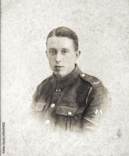 English soldier, portrait  of young man 1920th, vintage photo  photo