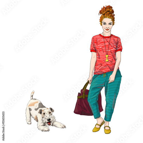 young red head red hair woman girl with fox terrier dog best friends
