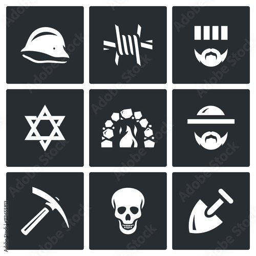 Vector Set of Concentration Camp Icons. German helmet, Barbed Wire, Prisoner, Judaism, Crematorium, Jew, Servitude, Death, Burial.