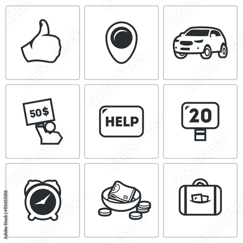 Vector Set of Hitchhiking tourism Icons. Thumb, place, Car, Price, Help, Road, Time, Low Cost, Luggage.